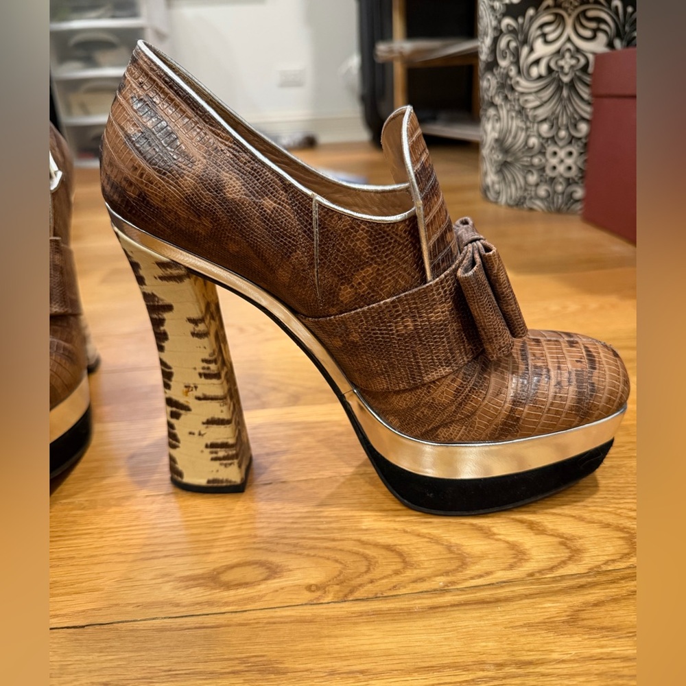 Miu Miu Tan Crocodile-Patterned Loafers